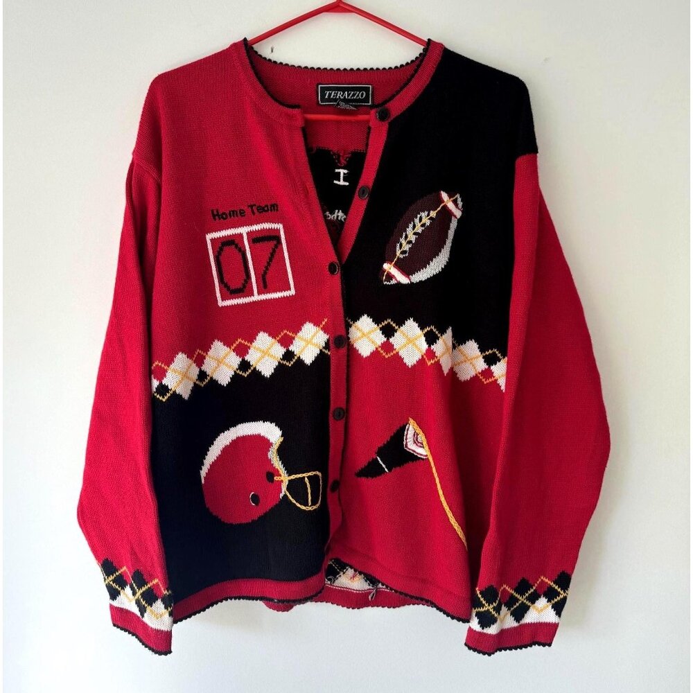 90s vintage red novelty football argyle print embroidered knit cardigan large XL